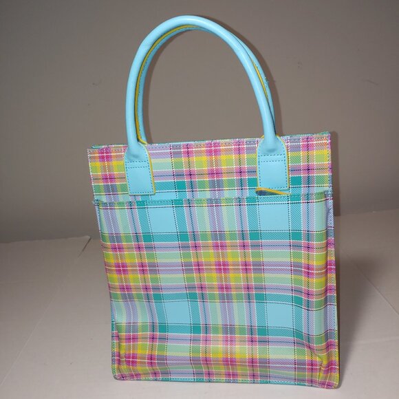 Baekgaard Real Leather Plaid Tote Purse Light Blue Hard Handles OS - Picture 4 of 9
